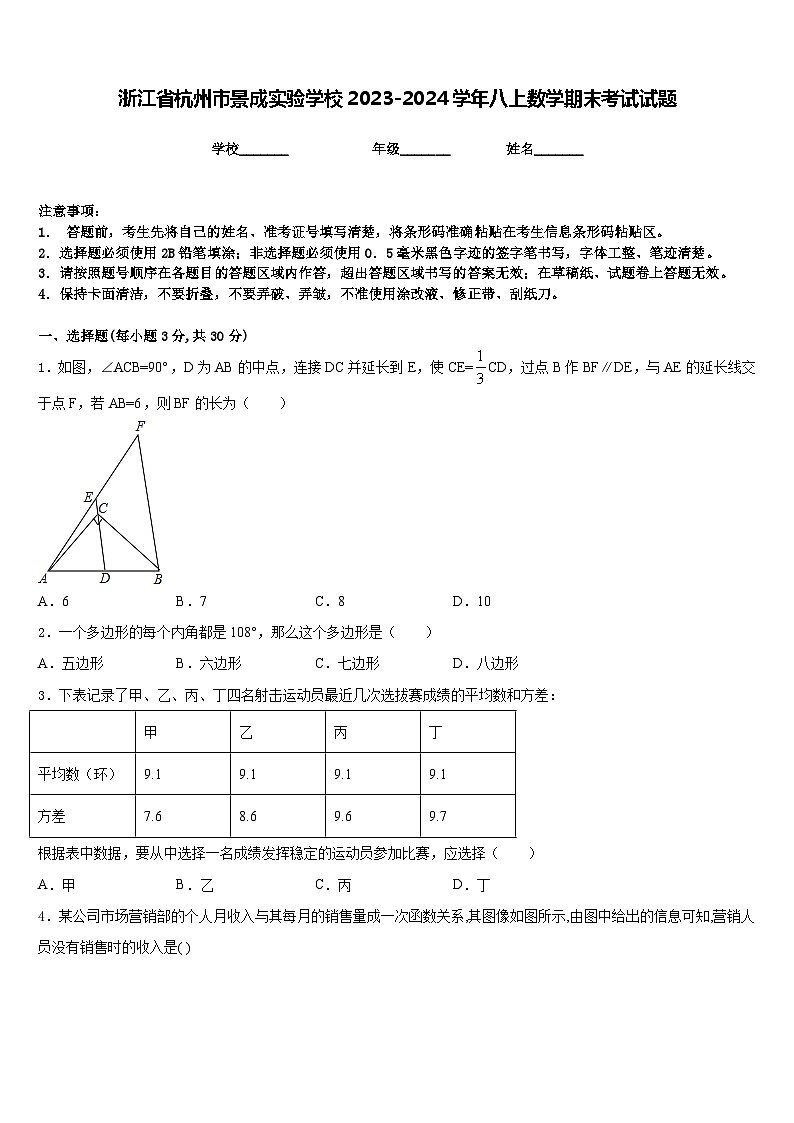 浙江省杭州市景成实验学校2023-2024学年八上数学期末考试试题含答案01