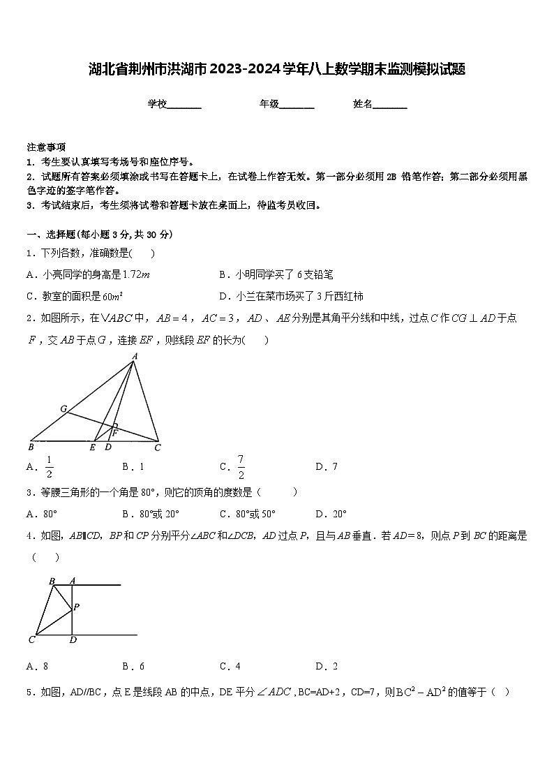 湖北省荆州市洪湖市2023-2024学年八上数学期末监测模拟试题含答案01