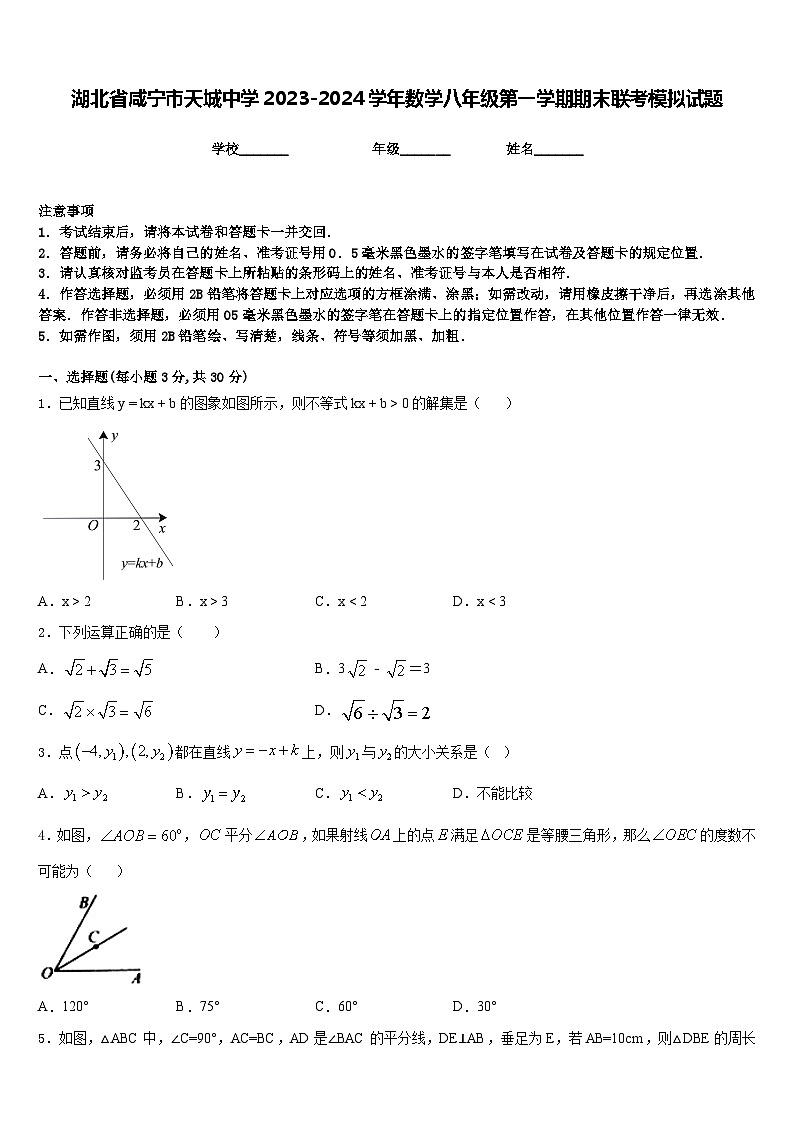 湖北省咸宁市天城中学2023-2024学年数学八年级第一学期期末联考模拟试题含答案第1页