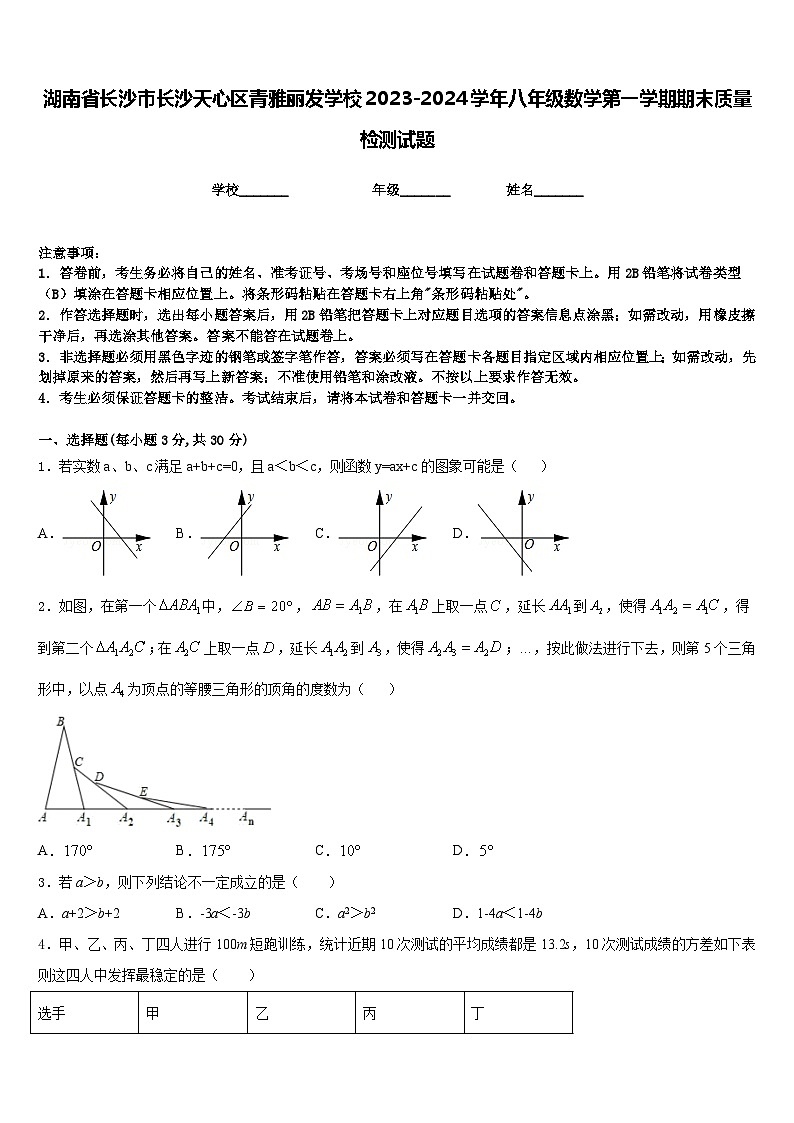 湖南省长沙市长沙天心区青雅丽发学校2023-2024学年八年级数学第一学期期末质量检测试题含答案01