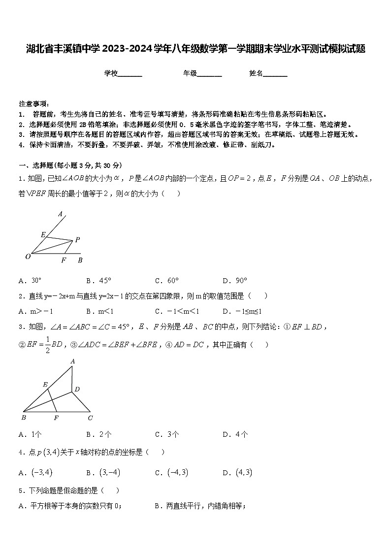 湖北省丰溪镇中学2023-2024学年八年级数学第一学期期末学业水平测试模拟试题含答案01