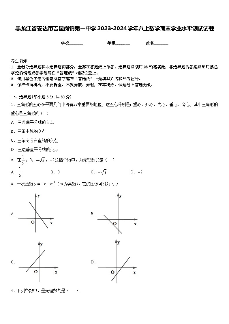 黑龙江省安达市吉星岗镇第一中学2023-2024学年八上数学期末学业水平测试试题含答案第1页
