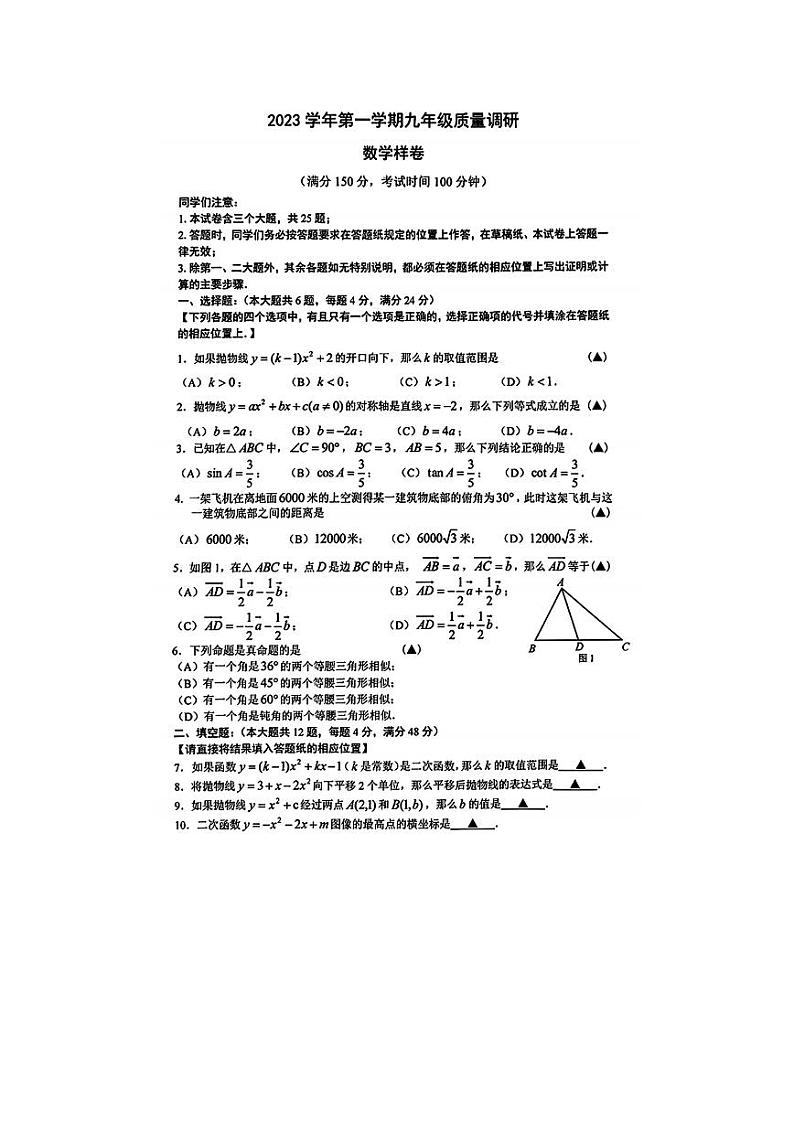上海市嘉定区2023-2024学年九年级上学期期末数学试卷（一模）01