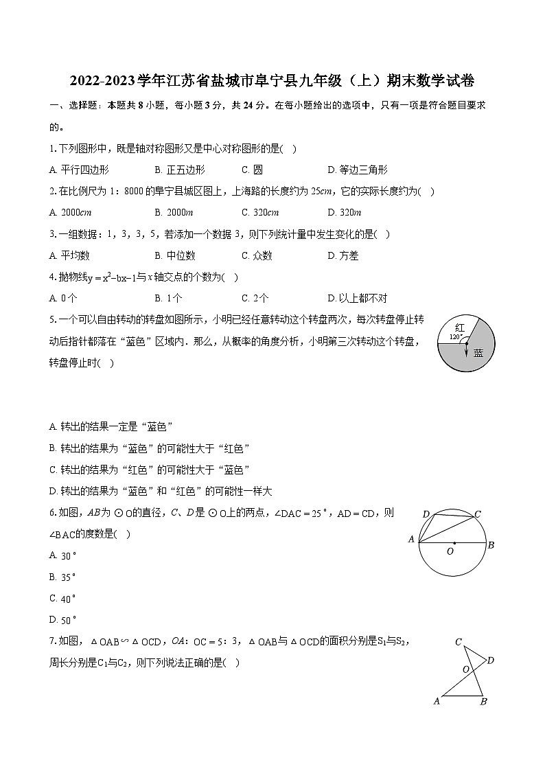 2022-2023学年江苏省盐城市阜宁县九年级（上）期末数学试卷（含详细答案解析）第1页