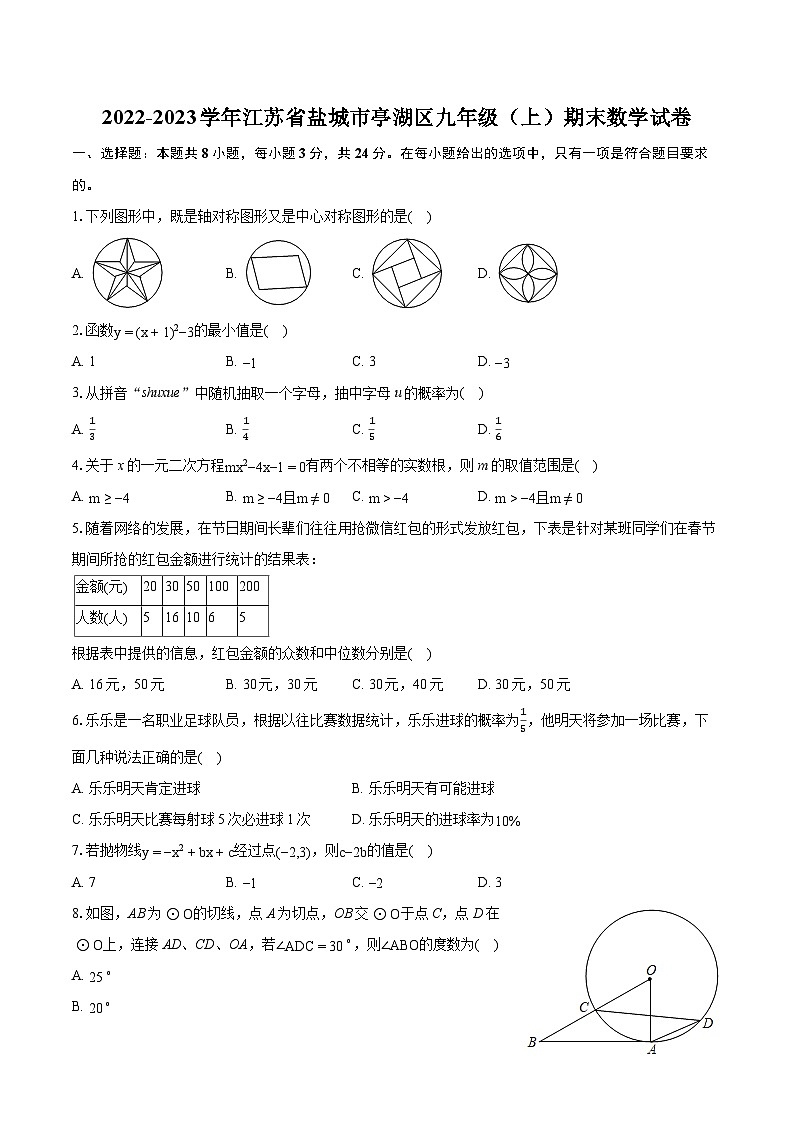 2022-2023学年江苏省盐城市亭湖区九年级（上）期末数学试卷（含详细答案解析）01
