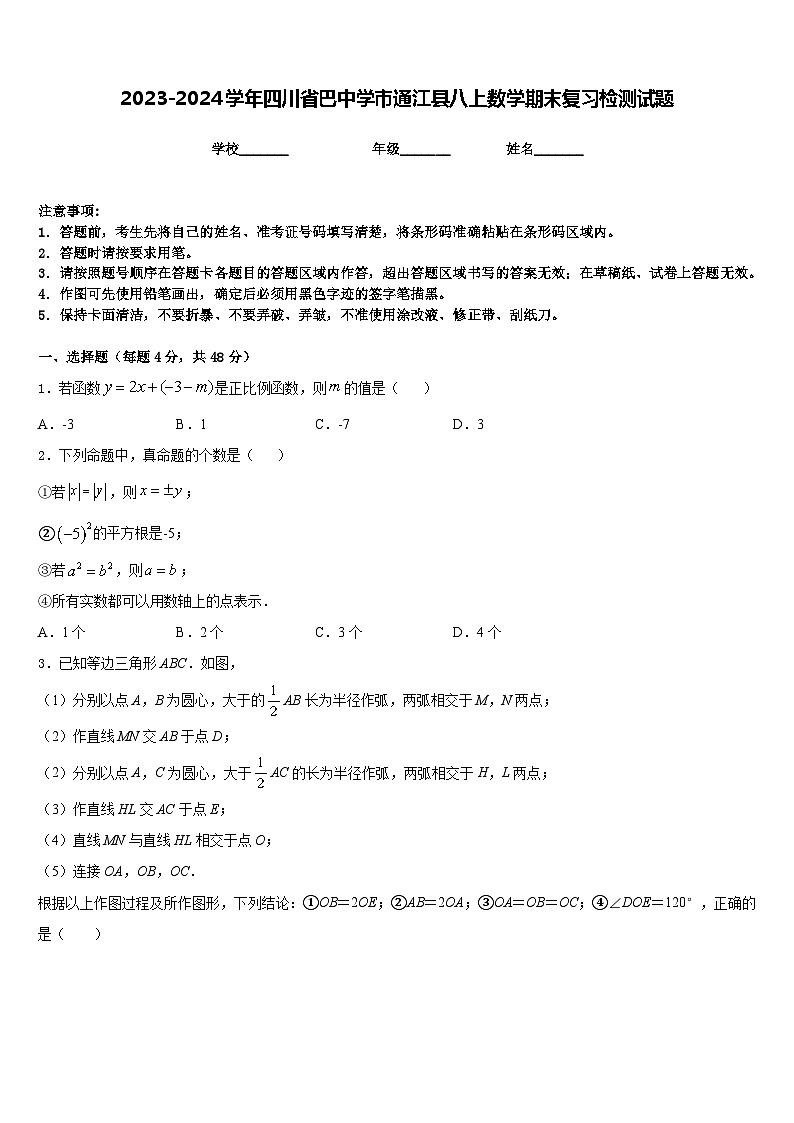 2023-2024学年四川省巴中学市通江县八上数学期末复习检测试题含答案第1页