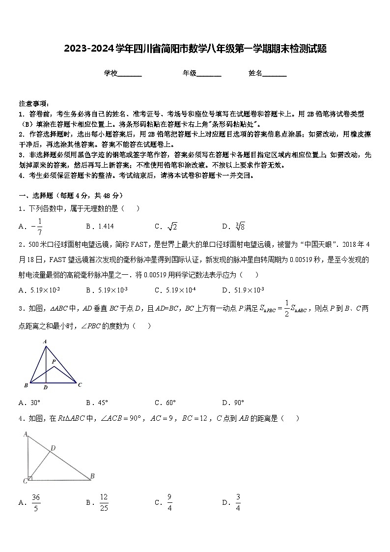 2023-2024学年四川省简阳市数学八年级第一学期期末检测试题含答案第1页