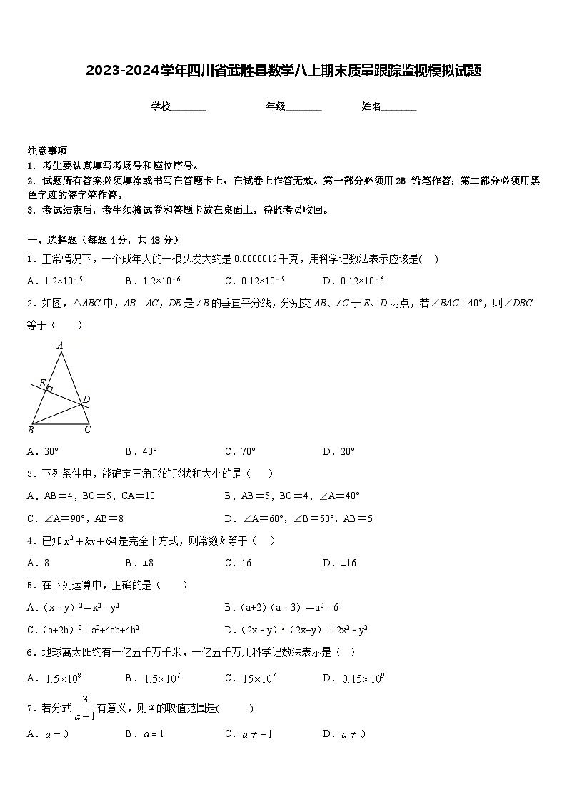 2023-2024学年四川省武胜县数学八上期末质量跟踪监视模拟试题含答案01