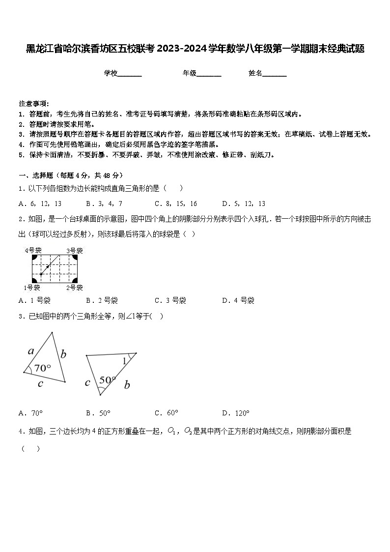 黑龙江省哈尔滨香坊区五校联考2023-2024学年数学八年级第一学期期末经典试题含答案第1页