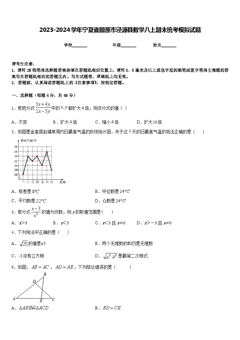 2023-2024学年宁夏省固原市泾源县数学八上期末统考模拟试题含答案01