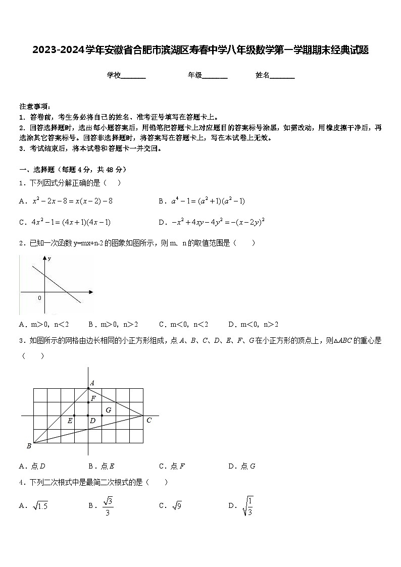 2023-2024学年安徽省合肥市滨湖区寿春中学八年级数学第一学期期末经典试题含答案01