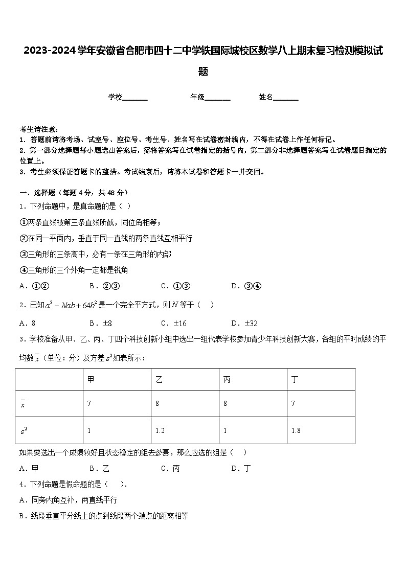 2023-2024学年安徽省合肥市四十二中学铁国际城校区数学八上期末复习检测模拟试题含答案第1页
