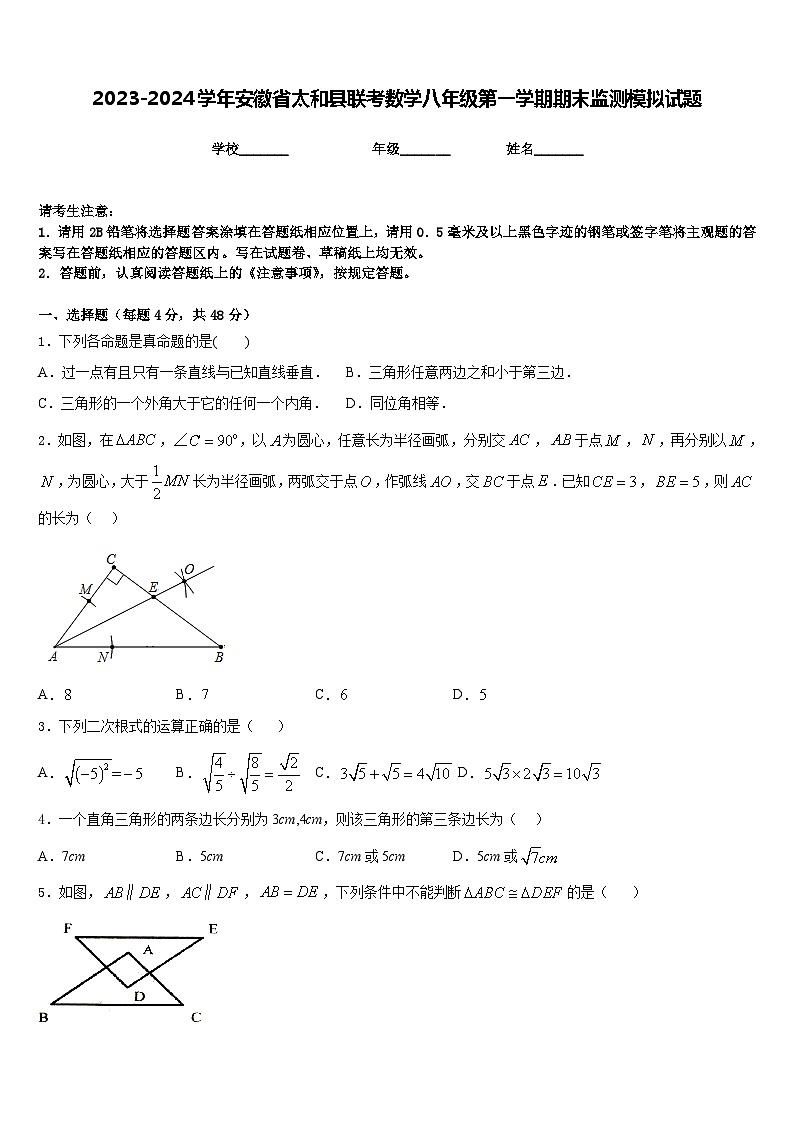 2023-2024学年安徽省太和县联考数学八年级第一学期期末监测模拟试题含答案第1页