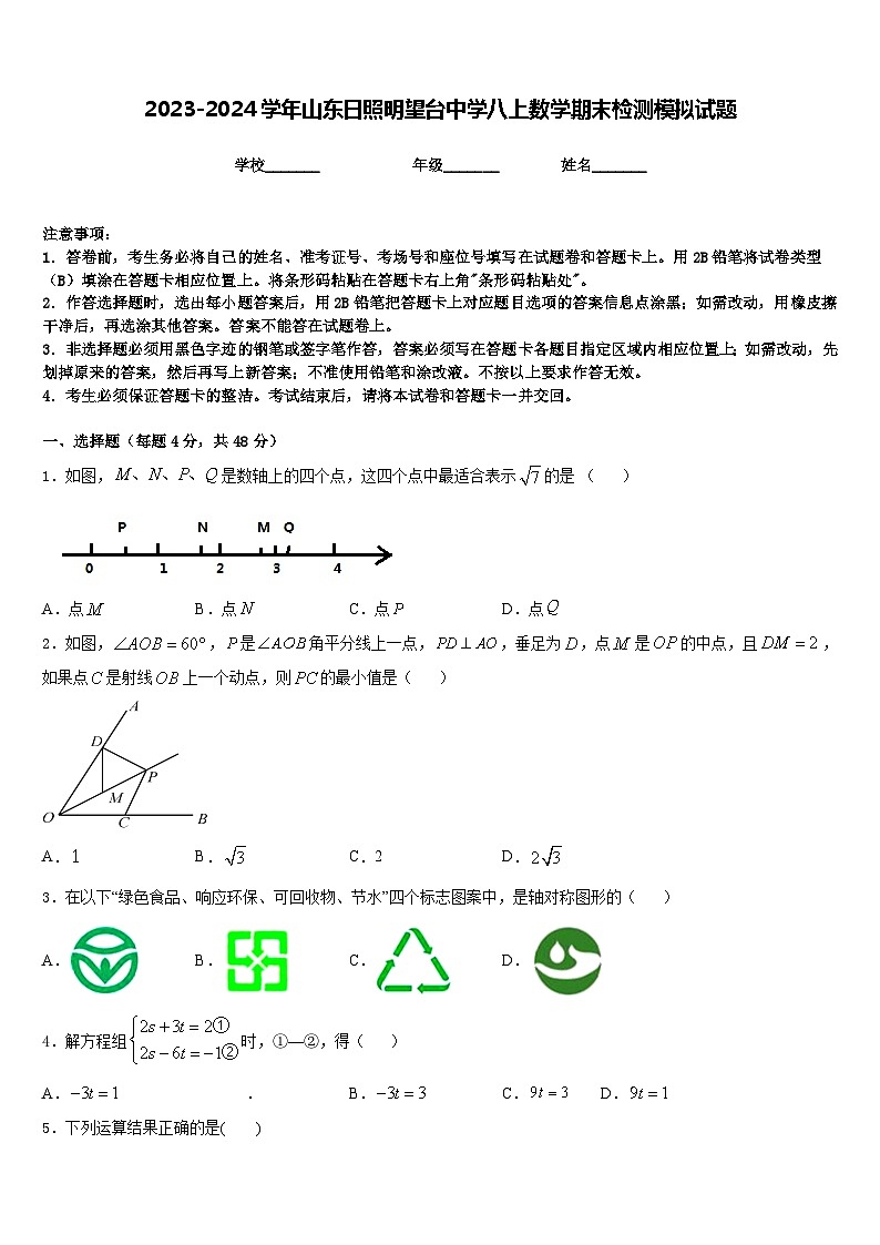 2023-2024学年山东日照明望台中学八上数学期末检测模拟试题含答案01