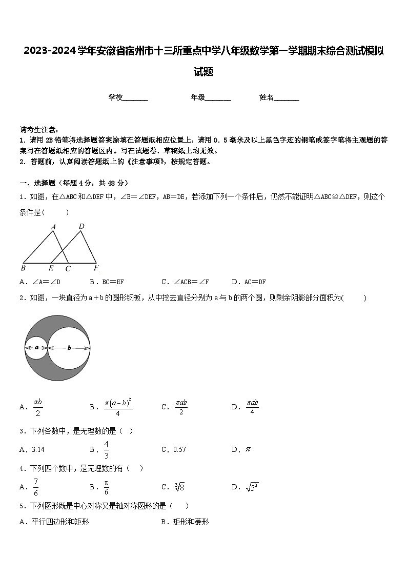 2023-2024学年安徽省宿州市十三所重点中学八年级数学第一学期期末综合测试模拟试题含答案01