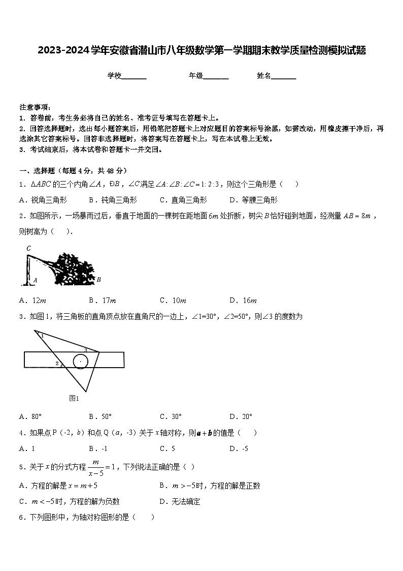 2023-2024学年安徽省潜山市八年级数学第一学期期末教学质量检测模拟试题含答案01