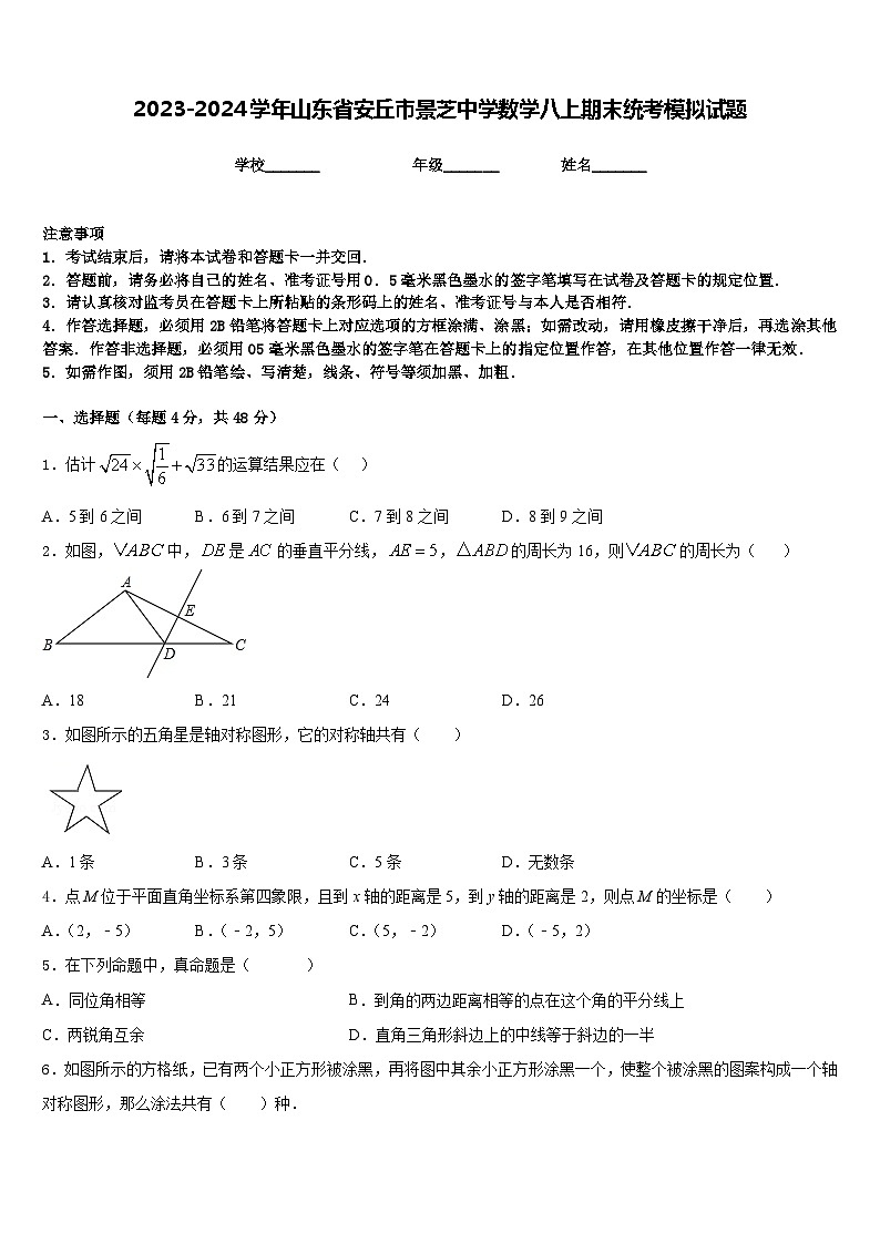 2023-2024学年山东省安丘市景芝中学数学八上期末统考模拟试题含答案第1页