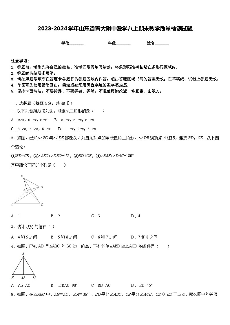 2023-2024学年山东省青大附中数学八上期末教学质量检测试题含答案01