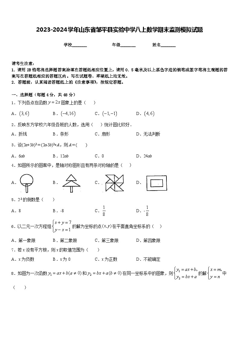 2023-2024学年山东省邹平县实验中学八上数学期末监测模拟试题含答案01