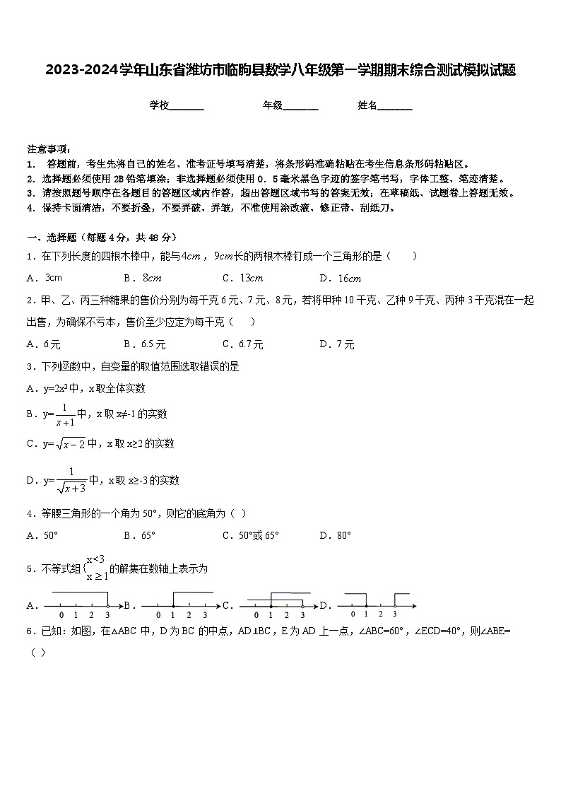 2023-2024学年山东省潍坊市临朐县数学八年级第一学期期末综合测试模拟试题含答案01