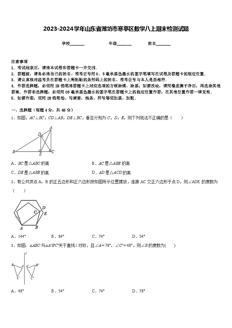 2023-2024学年山东省潍坊市寒亭区数学八上期末检测试题含答案01