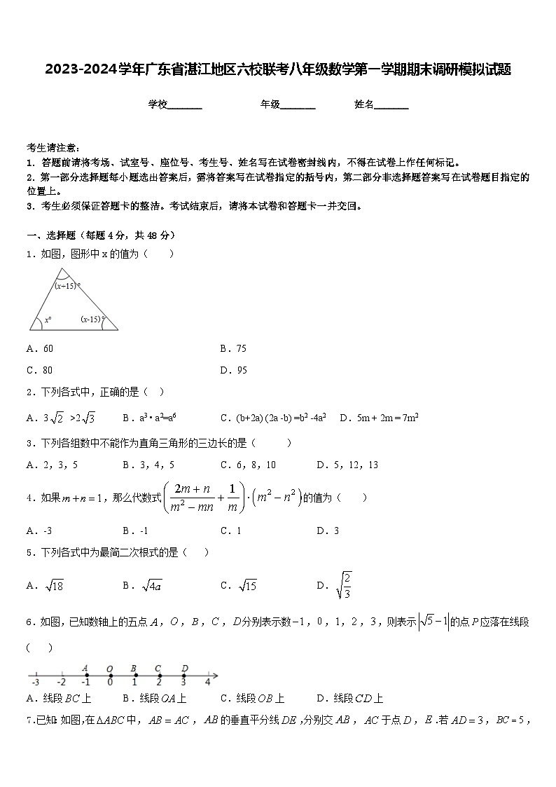 2023-2024学年广东省湛江地区六校联考八年级数学第一学期期末调研模拟试题含答案第1页