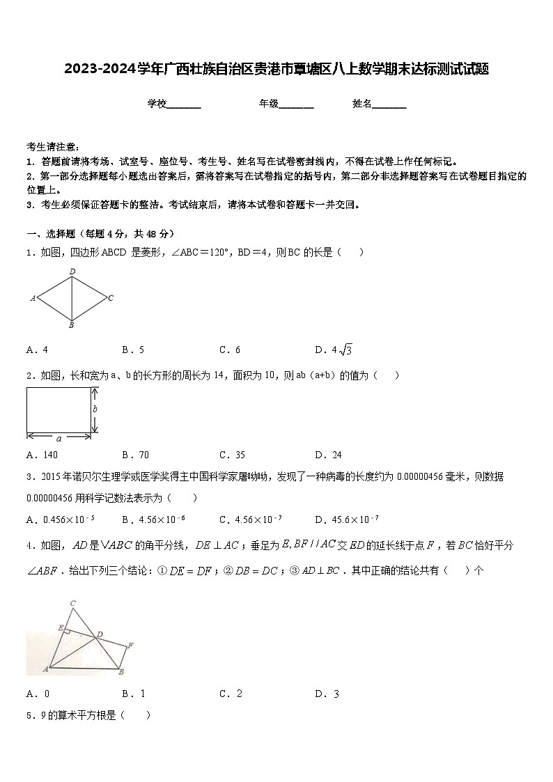 2023-2024学年广西壮族自治区贵港市覃塘区八上数学期末达标测试试题含答案01