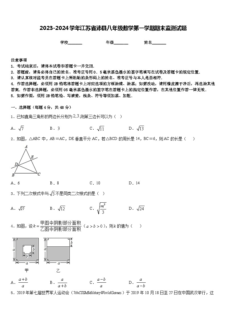 2023-2024学年江苏省沛县八年级数学第一学期期末监测试题含答案第1页