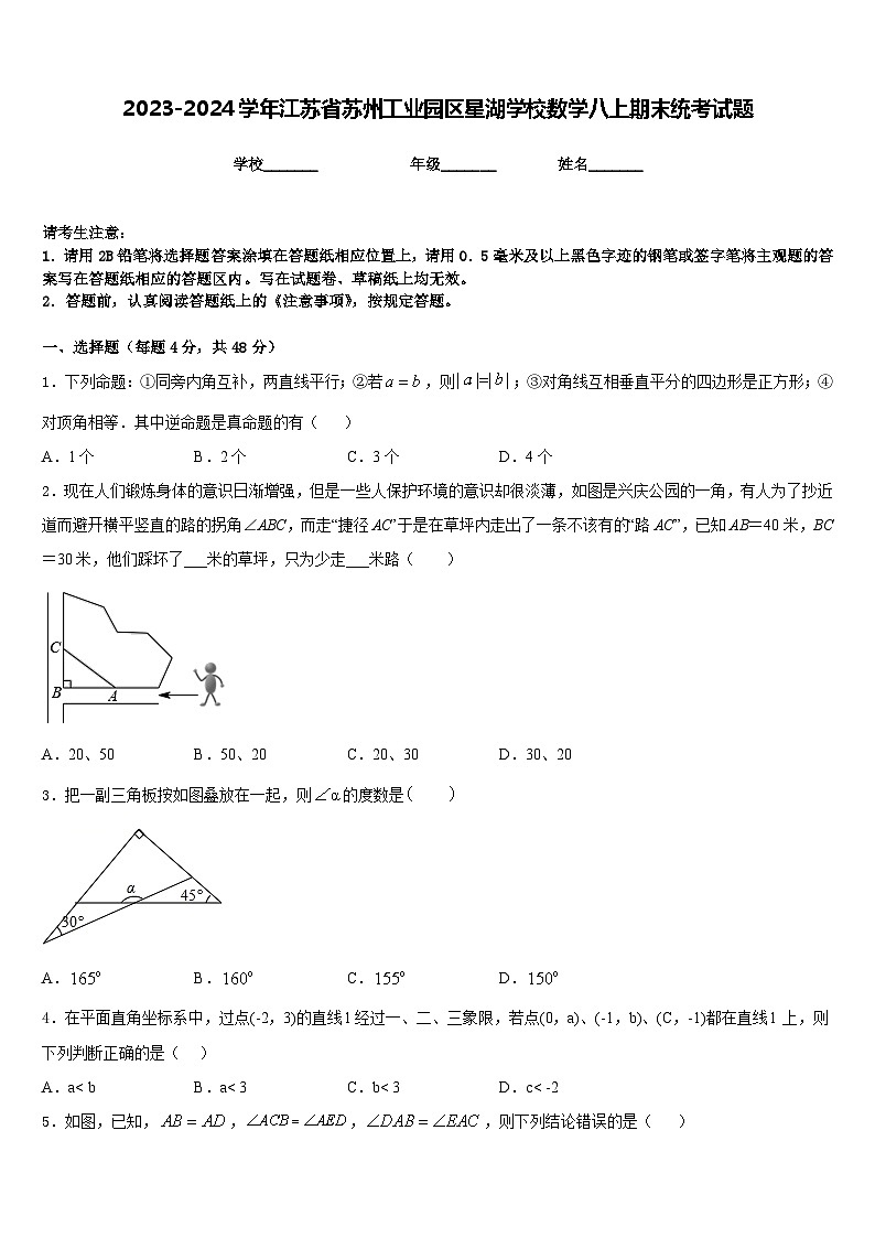 2023-2024学年江苏省苏州工业园区星湖学校数学八上期末统考试题含答案01