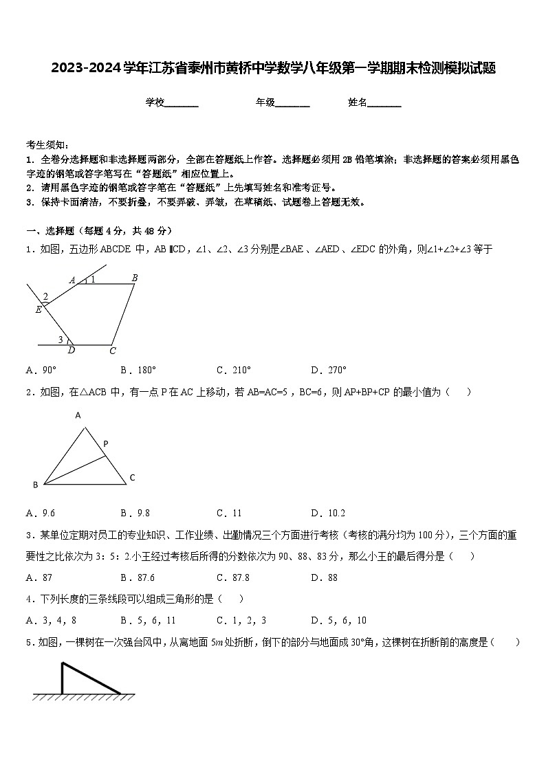 2023-2024学年江苏省泰州市黄桥中学数学八年级第一学期期末检测模拟试题含答案第1页