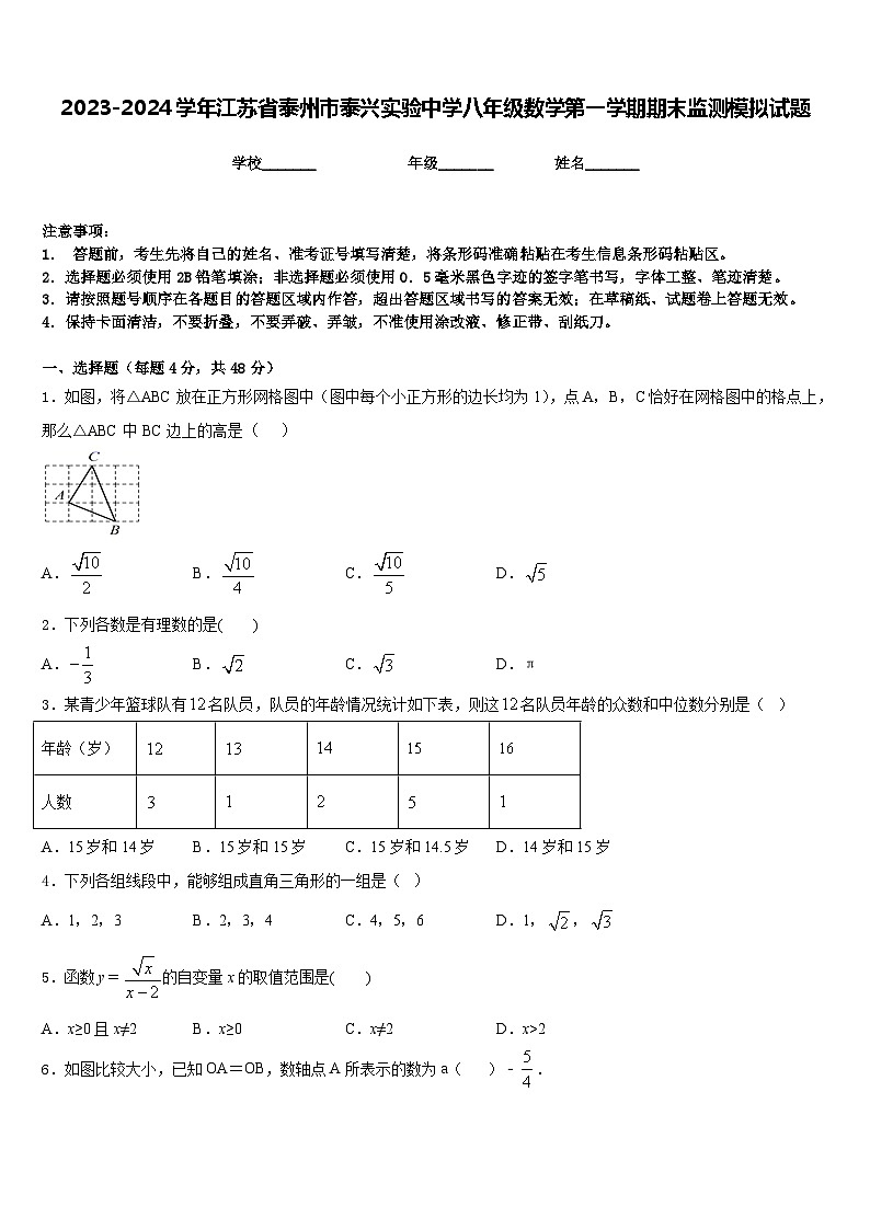 2023-2024学年江苏省泰州市泰兴实验中学八年级数学第一学期期末监测模拟试题含答案第1页