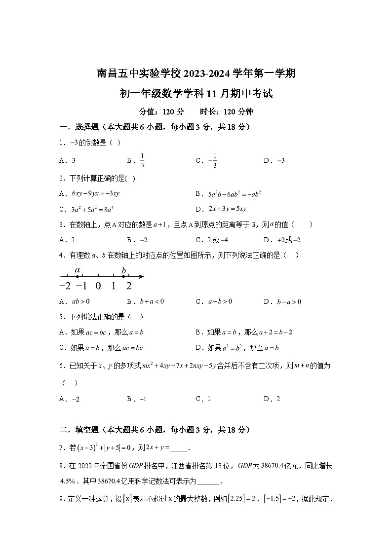 江西省南昌五中实验学校2023-2024学年七年级上学期期中数学试题（含解析）01
