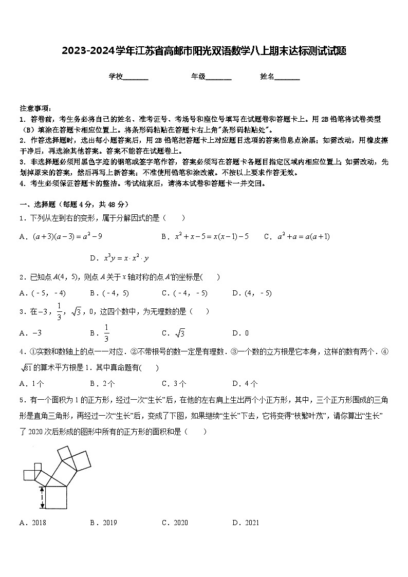 2023-2024学年江苏省高邮市阳光双语数学八上期末达标测试试题含答案第1页