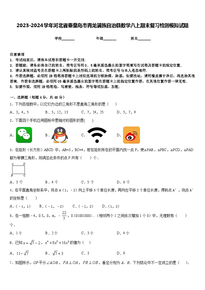 2023-2024学年河北省秦皇岛市青龙满族自治县数学八上期末复习检测模拟试题含答案01