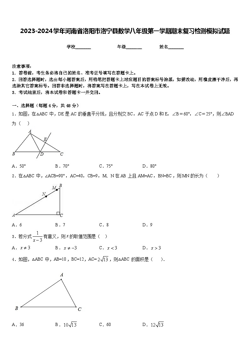2023-2024学年河南省洛阳市洛宁县数学八年级第一学期期末复习检测模拟试题含答案01