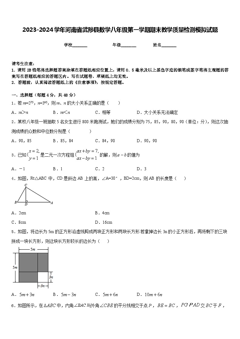 2023-2024学年河南省武陟县数学八年级第一学期期末教学质量检测模拟试题含答案01
