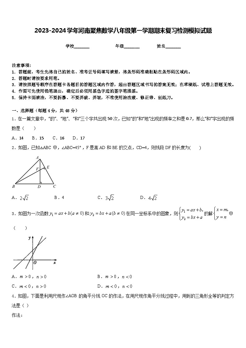 2023-2024学年河南聚焦数学八年级第一学期期末复习检测模拟试题含答案01