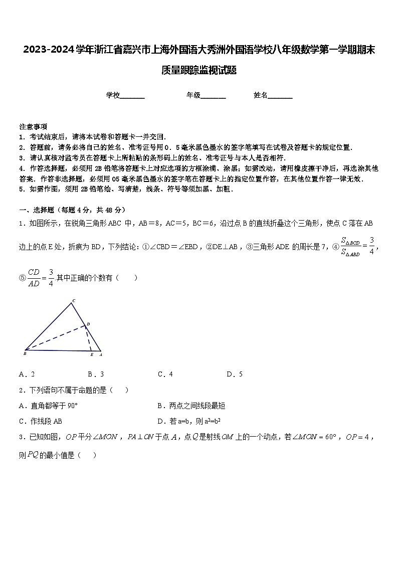 2023-2024学年浙江省嘉兴市上海外国语大秀洲外国语学校八年级数学第一学期期末质量跟踪监视试题含答案第1页