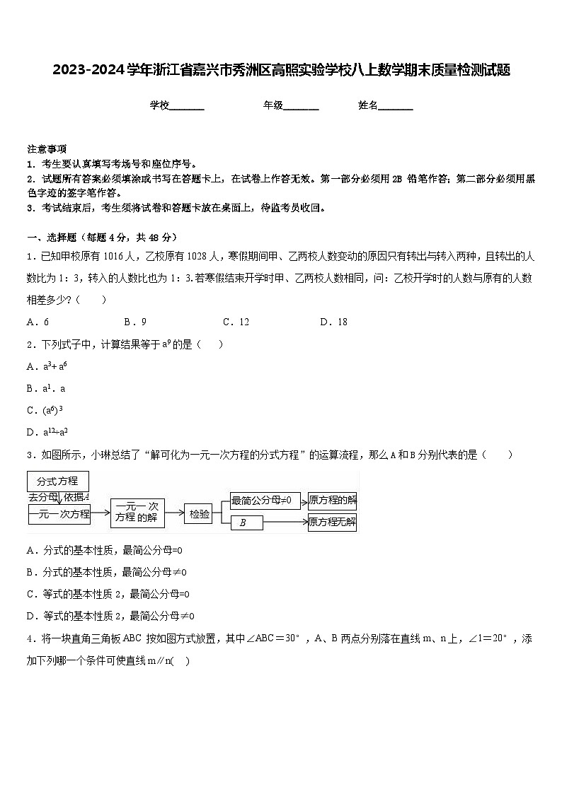 2023-2024学年浙江省嘉兴市秀洲区高照实验学校八上数学期末质量检测试题含答案01