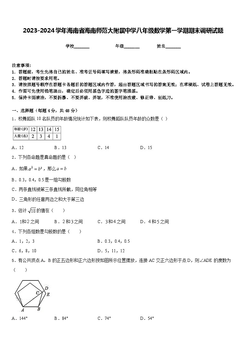 2023-2024学年海南省海南师范大附属中学八年级数学第一学期期末调研试题含答案第1页