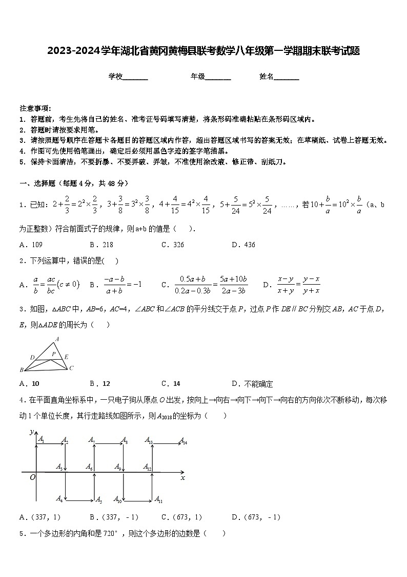2023-2024学年湖北省黄冈黄梅县联考数学八年级第一学期期末联考试题含答案第1页