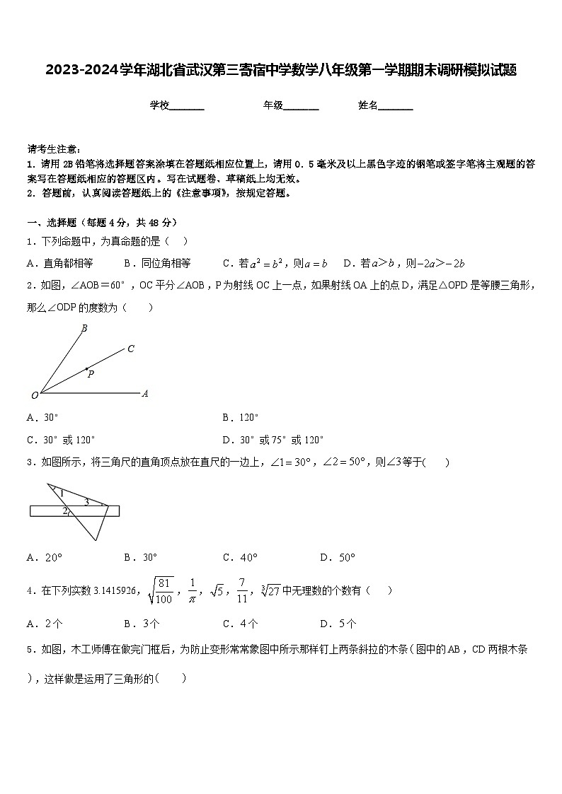2023-2024学年湖北省武汉第三寄宿中学数学八年级第一学期期末调研模拟试题含答案01