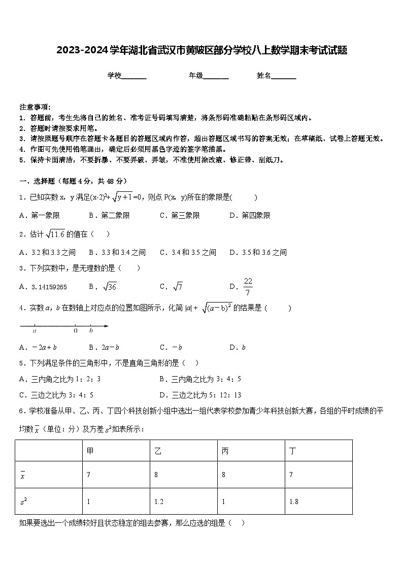 2023-2024学年湖北省武汉市黄陂区部分学校八上数学期末考试试题含答案01