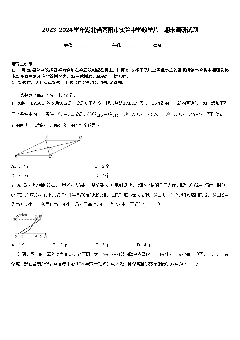 2023-2024学年湖北省枣阳市实验中学数学八上期末调研试题含答案01