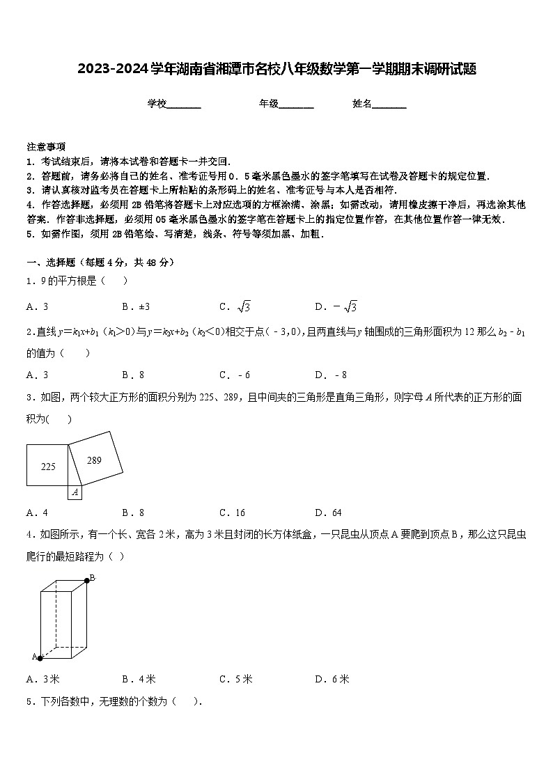 2023-2024学年湖南省湘潭市名校八年级数学第一学期期末调研试题含答案01