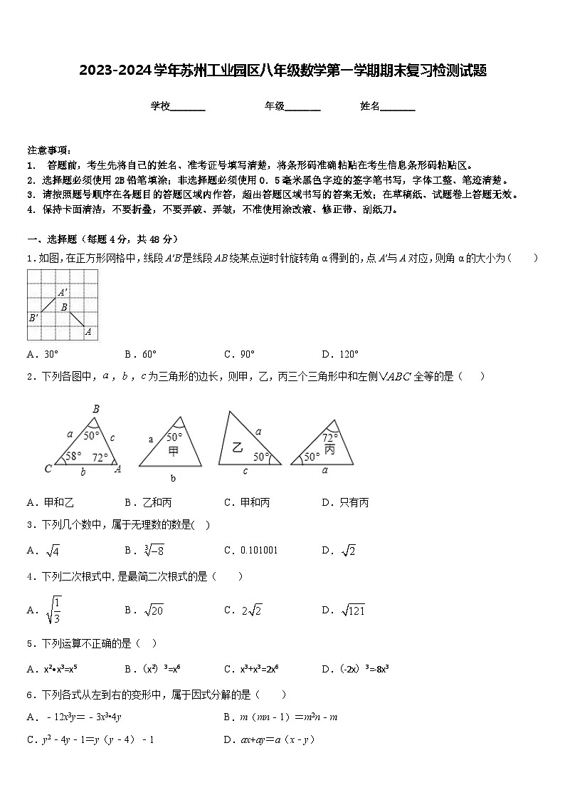 2023-2024学年苏州工业园区八年级数学第一学期期末复习检测试题含答案第1页