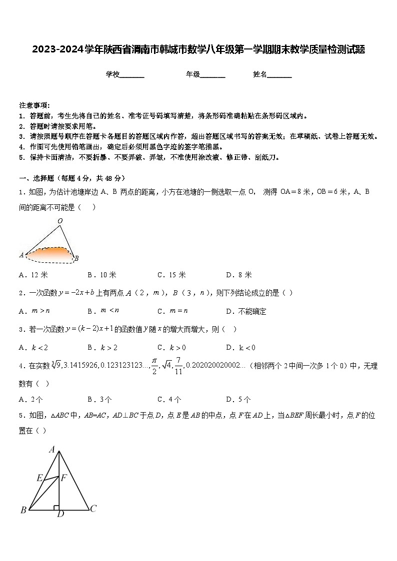 2023-2024学年陕西省渭南市韩城市数学八年级第一学期期末教学质量检测试题含答案01