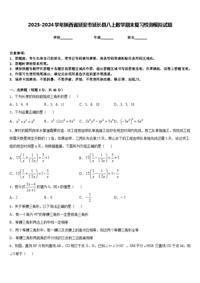 2023-2024学年陕西省延安市延长县八上数学期末复习检测模拟试题含答案01