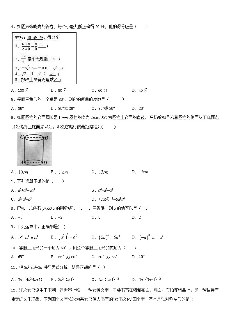 2023-2024学年重庆市渝北区实验中学八年级数学第一学期期末经典试题含答案02