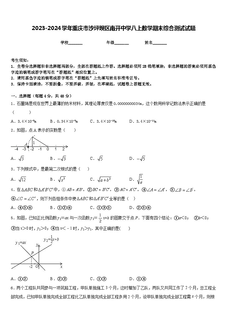 2023-2024学年重庆市沙坪坝区南开中学八上数学期末综合测试试题含答案01